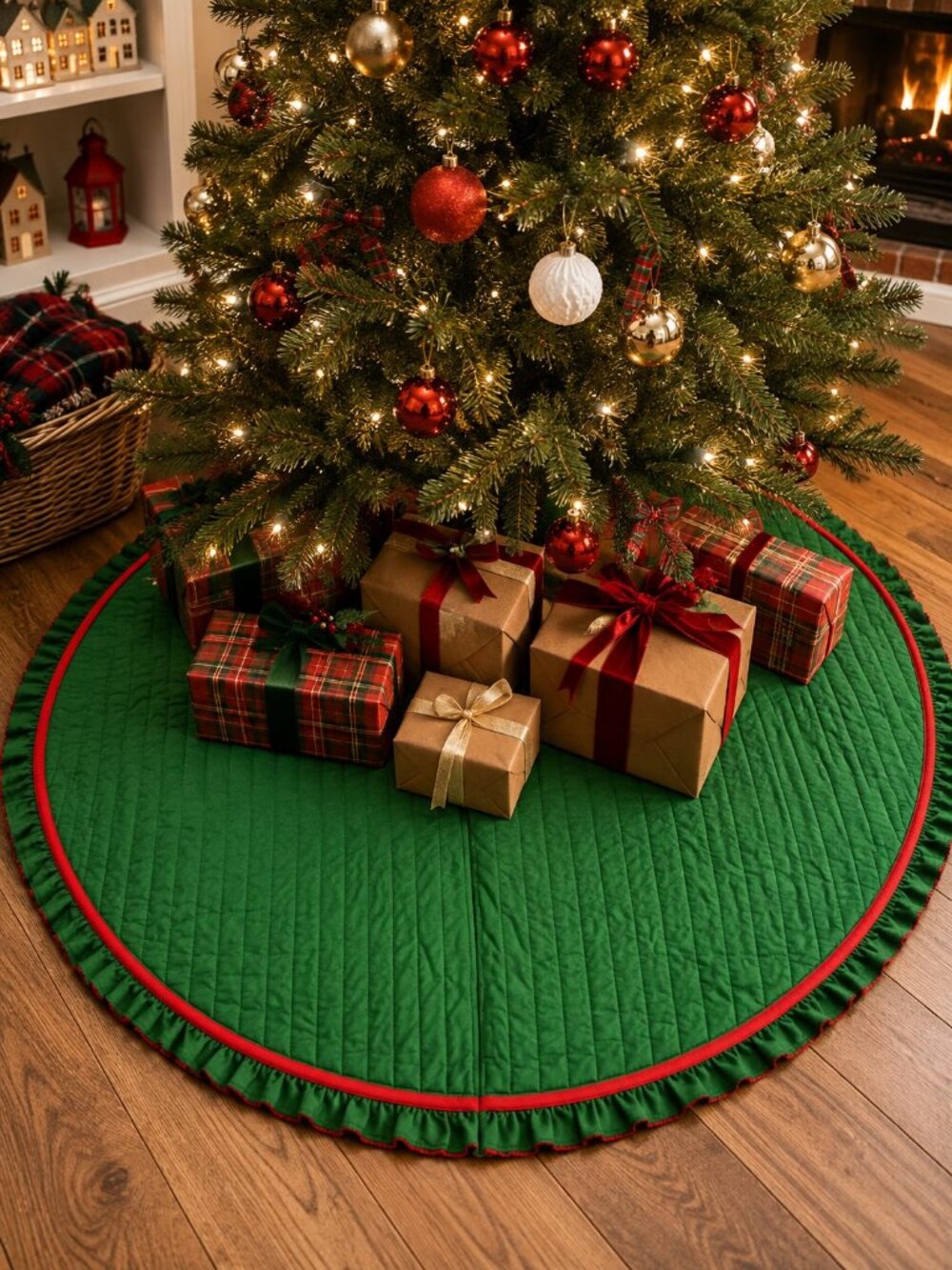 Unbranded Green Quilted Red Crochet Trim Round Christmas Tree Skirt 39"